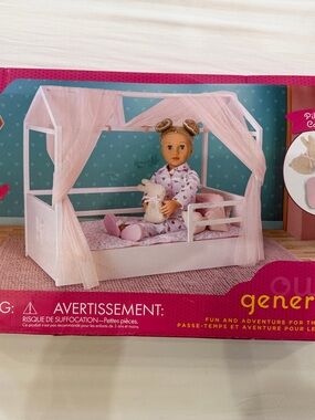 Our Generation Pink Canopy Doll Bed with Accessories